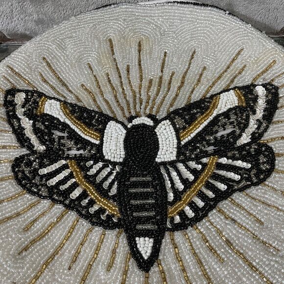 Moth Decorative Round Beaded Pillow cover only Butterfly Blk/wht/gd. Accent 13" - Picture 2 of 8